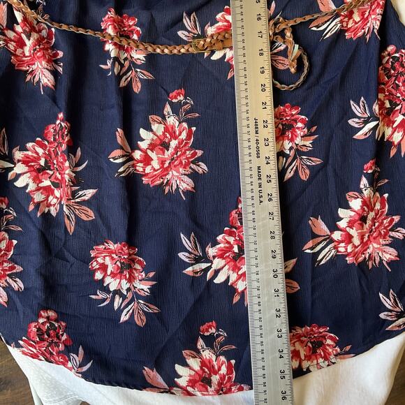 Paper Tee Women Dress 2X Navy Floral A-Line Belted Short Sleeve Off Shoulder - Picture 7 of 11